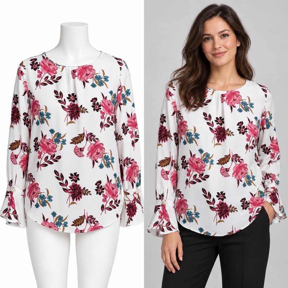 LOFT Floral Blouse Womens Medium Petite MP White Pink Bell Sleeve Keyhole Top